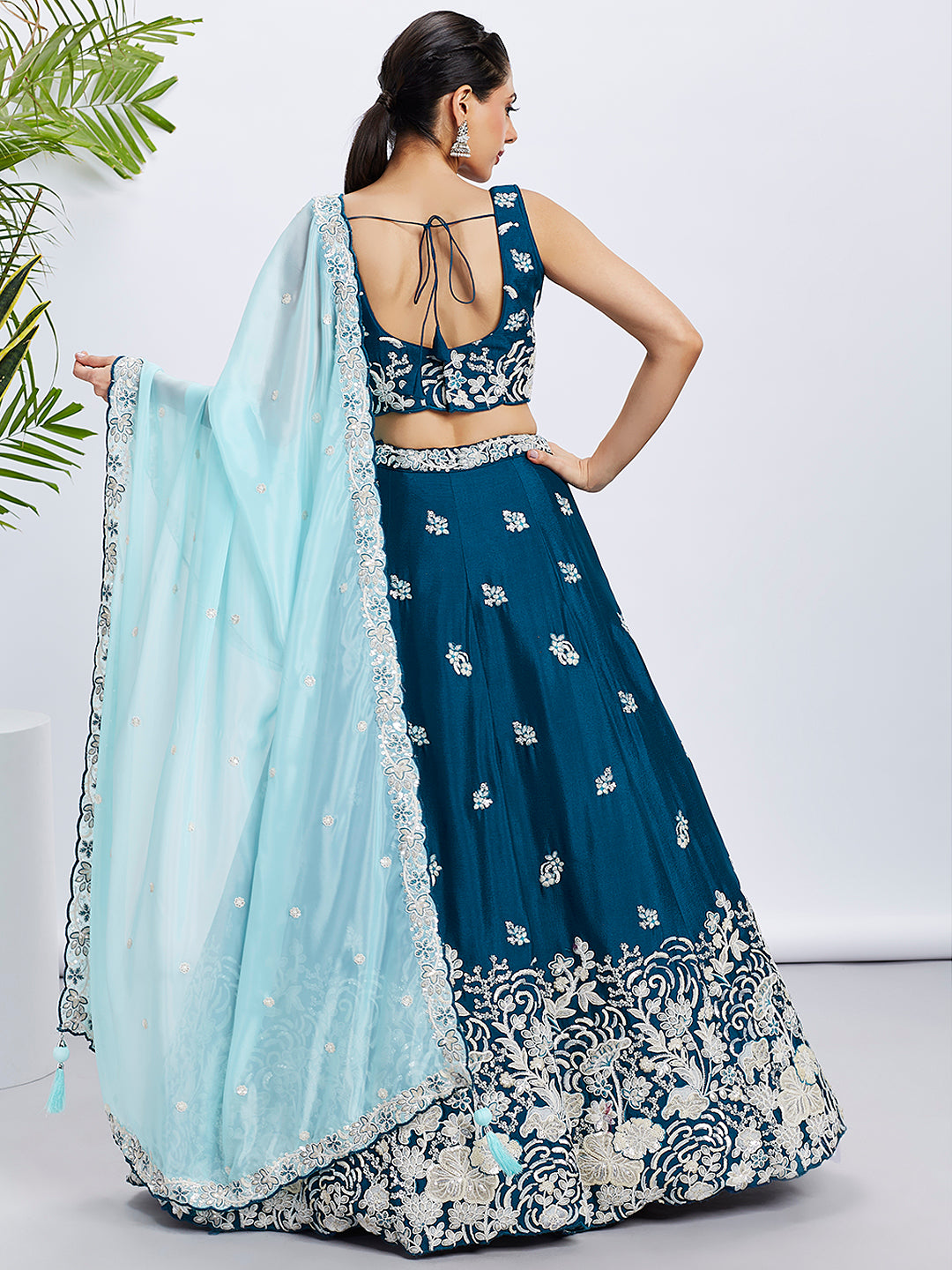 Teal Georgette Sequins Thread Embroidery Lehenga Choli &amp; Dupatta