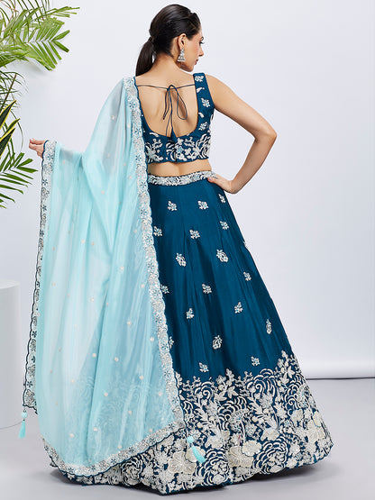 Teal Georgette Sequins Thread Embroidery Lehenga Choli &amp; Dupatta