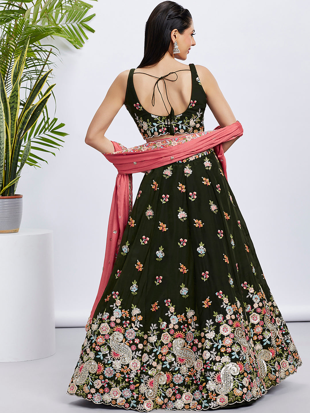 Olive Organza Sequins Thread Embroidery Lehenga Choli &amp; Dupatta