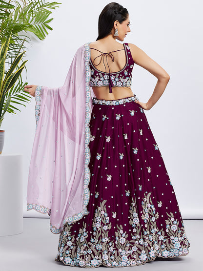 Burgundy Georgette Sequins and Thread Embroidery Lehenga Choli &amp; Dupatta