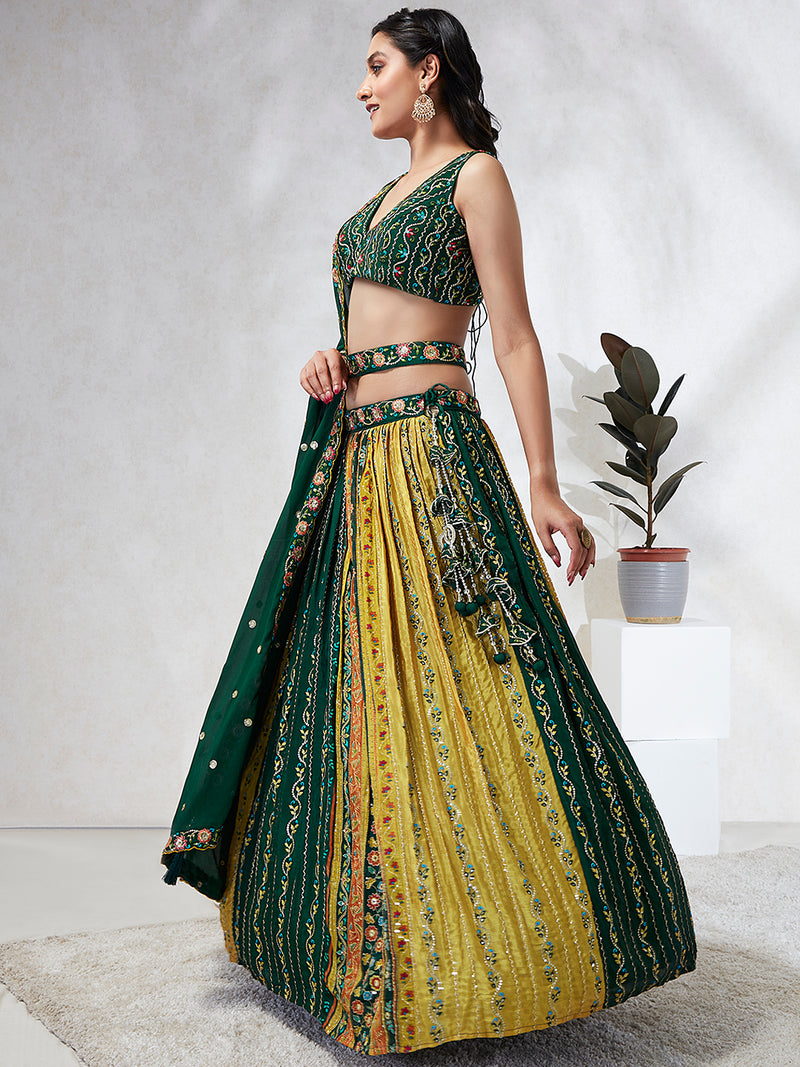 Green Chiffon Position Print with Sequins Embroidery Lehenga Choli