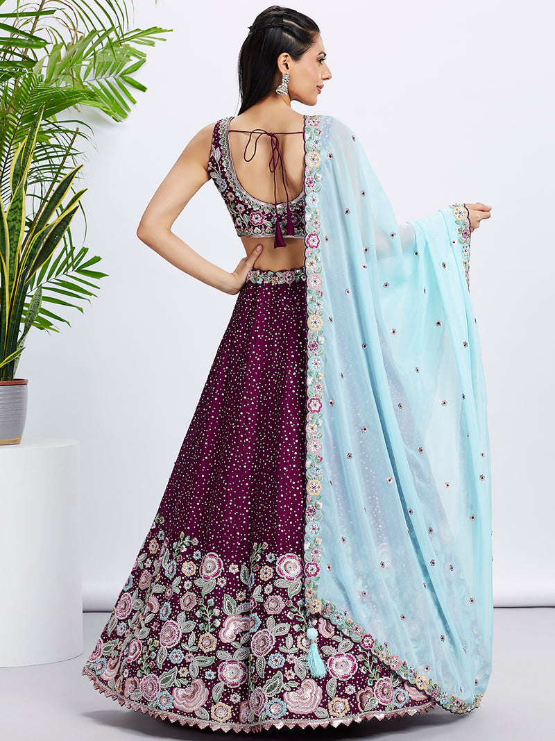 Burgundy Chiffon Sequins Thread Embroidery Lehenga Choli & Dupatta
