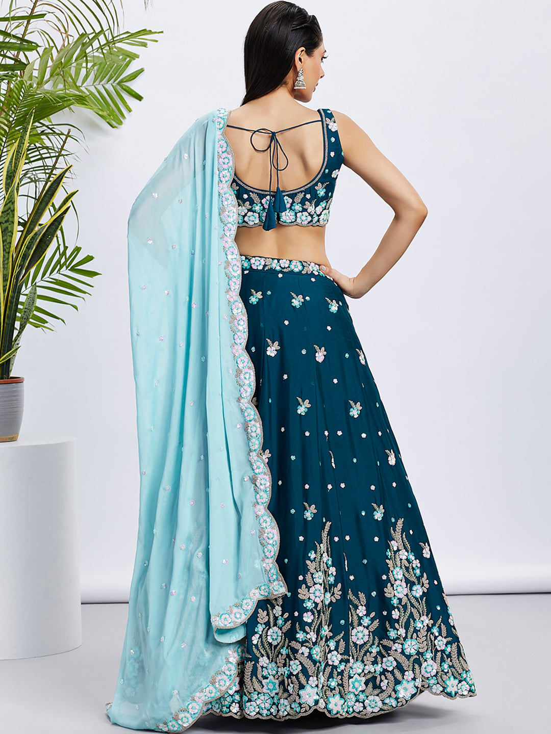 Teal Georgette Sequins &amp; Thread Embroidery Lehenga Choli &amp; Dupatta