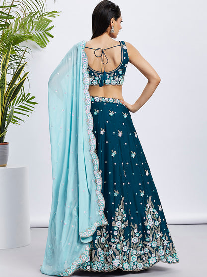 Teal Georgette Sequins &amp; Thread Embroidery Lehenga Choli &amp; Dupatta