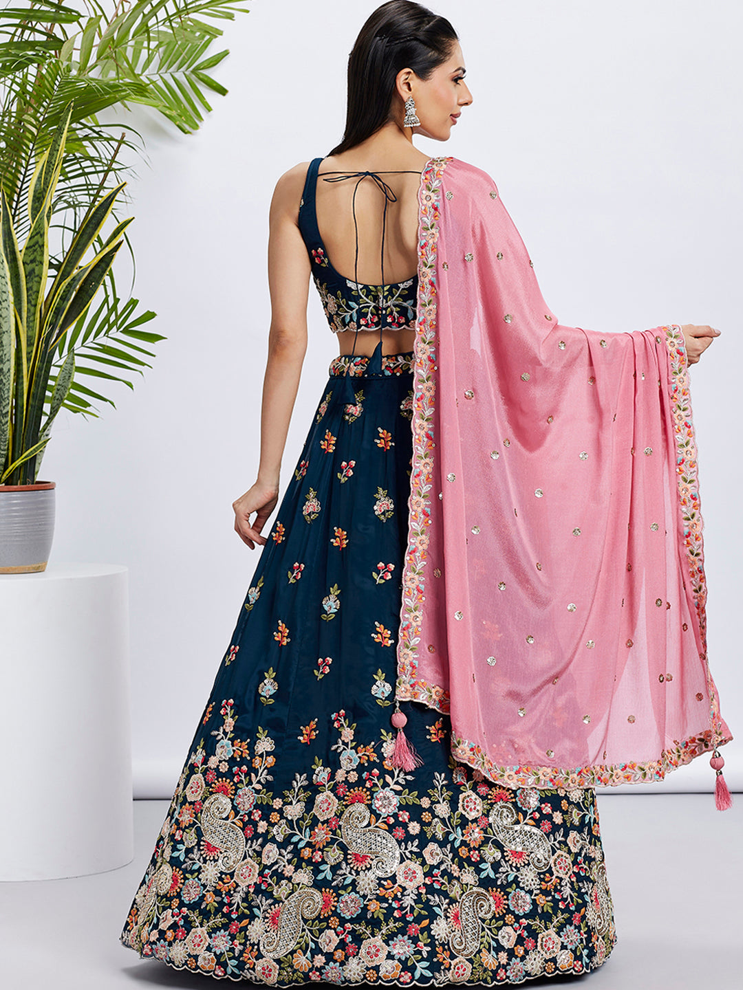 Navy Blue Organza Sequins Thread Embroidery Lehenga Choli &amp; Dupatta