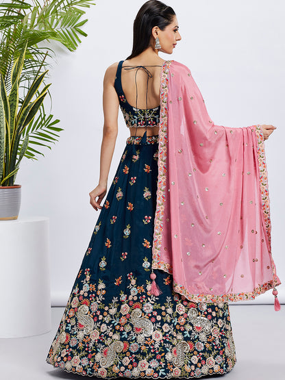 Navy Blue Organza Sequins Thread Embroidery Lehenga Choli &amp; Dupatta