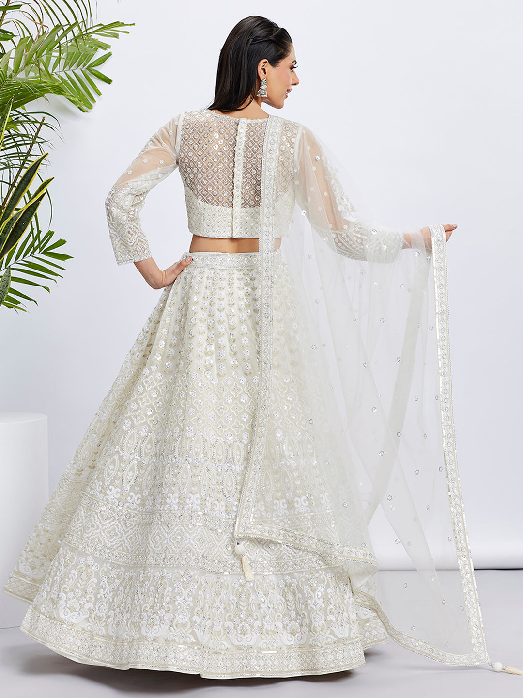 Cream Net Sequins and Thread Embroidery Lehenga Choli &amp; Dupatta