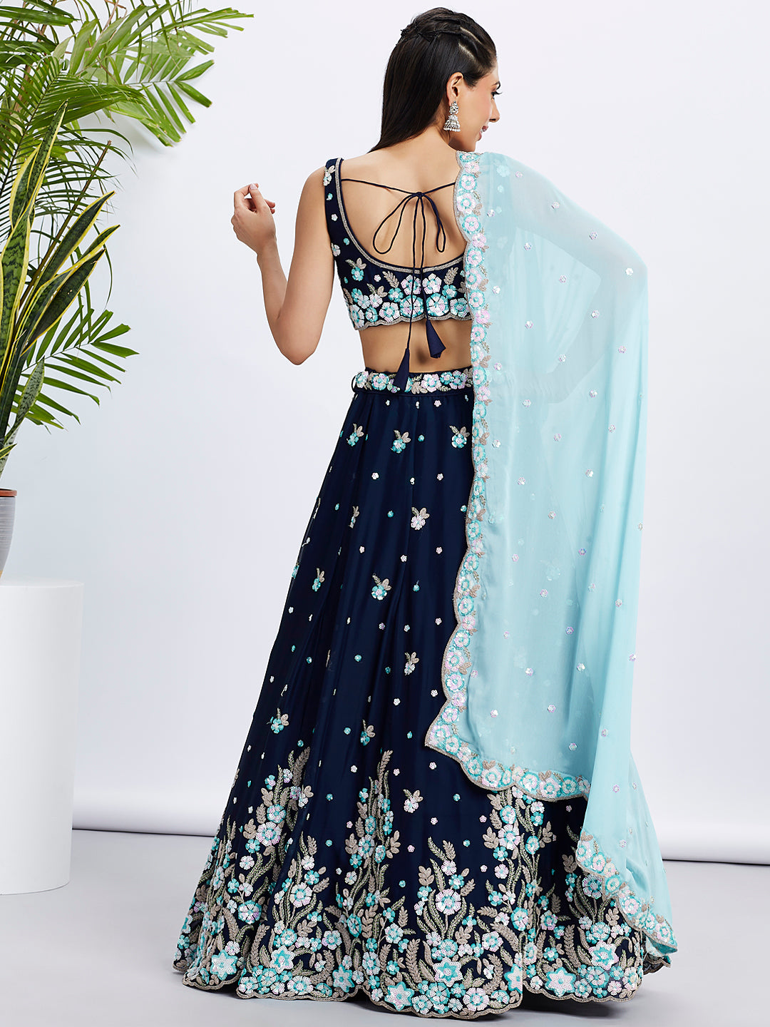 Navy Blue Georgette Sequins &amp; Thread Embroidery Lehenga Choli &amp; Dupatta