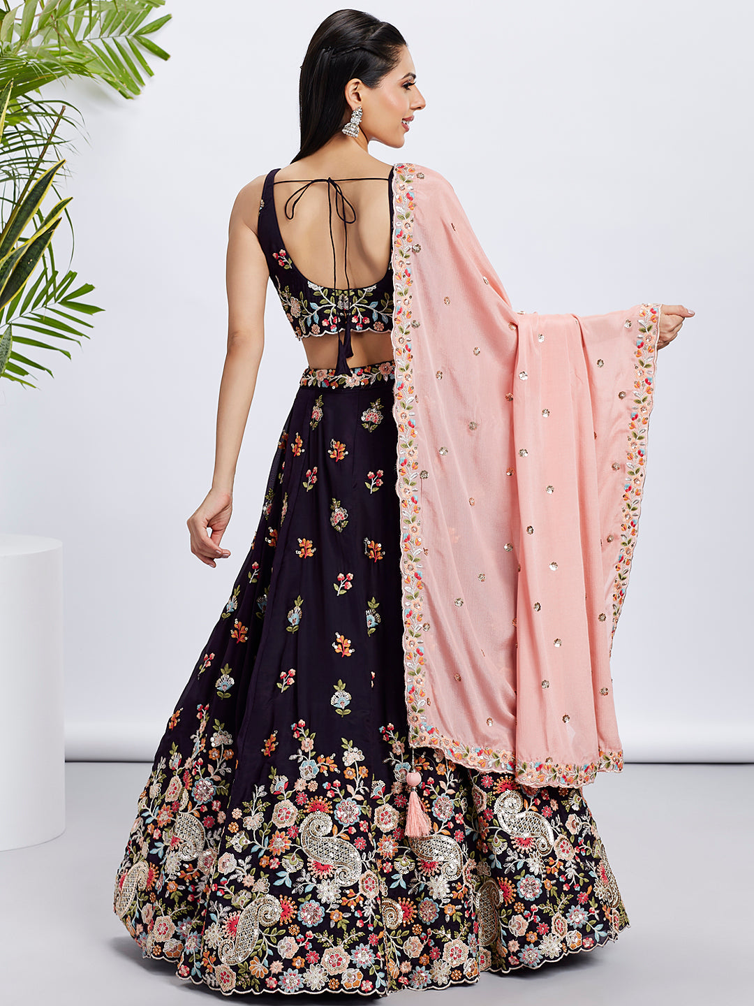 Magenta Organza Sequins Thread Embroidery Lehenga Choli &amp; Dupatta