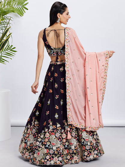 Magenta Organza Sequins Thread Embroidery Lehenga Choli &amp; Dupatta