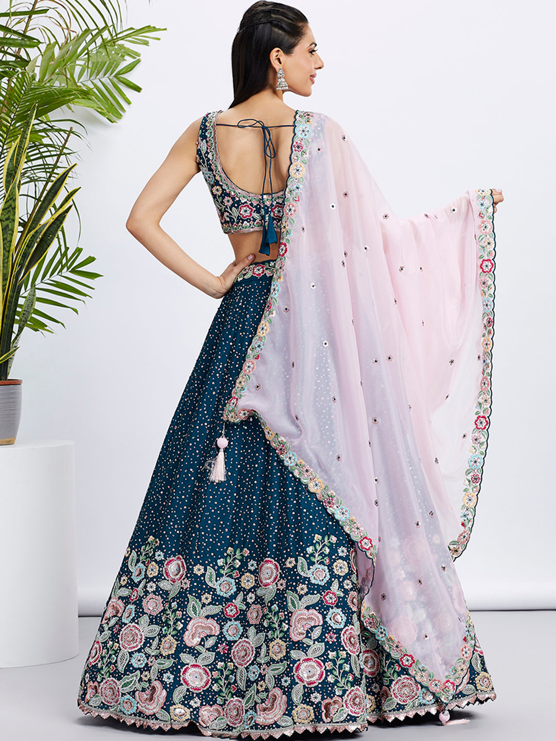 Navy Blue Chiffon Sequins Thread Embroidery Lehenga Choli &amp; Dupatta