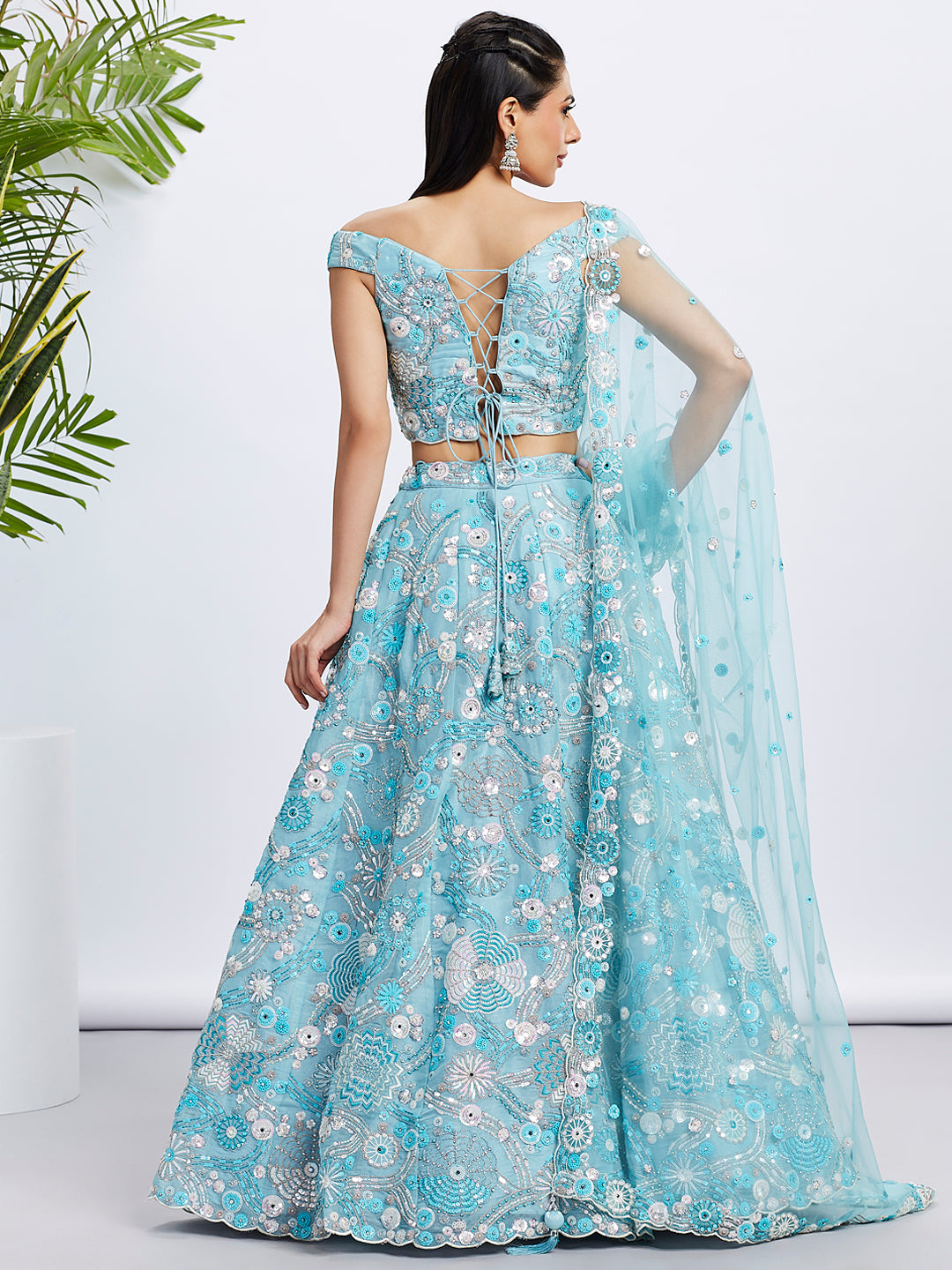 Sky Blue Organza Sequins and Thread Embroidery Lehenga Choli &amp; Dupatta