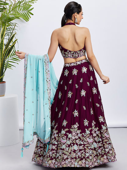 Burgundy Georgette Sequins Thread Embroidery Lehenga Choli &amp; Dupatta
