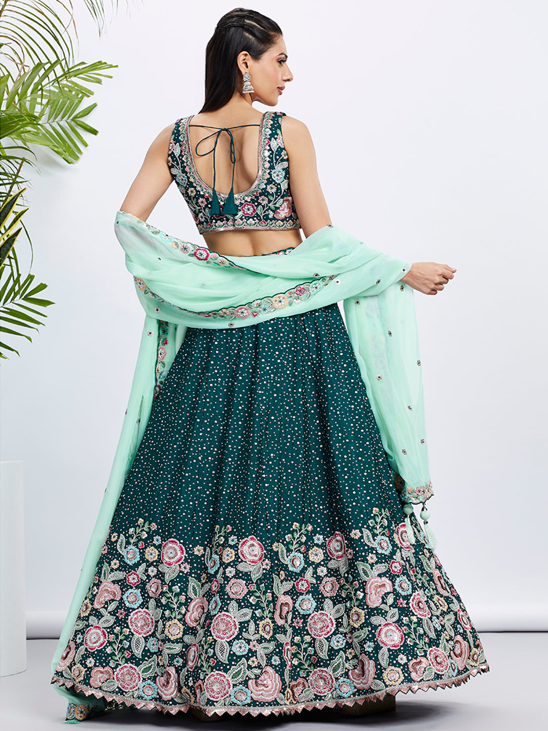 Green Pure Chiffon Sequins Thread Embroidery Lehenga Choli &amp; Dupatta