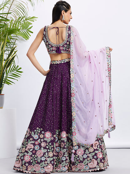 Purple Pure Chiffon Sequins Thread Embroidery Lehenga Choli &amp; Dupatta