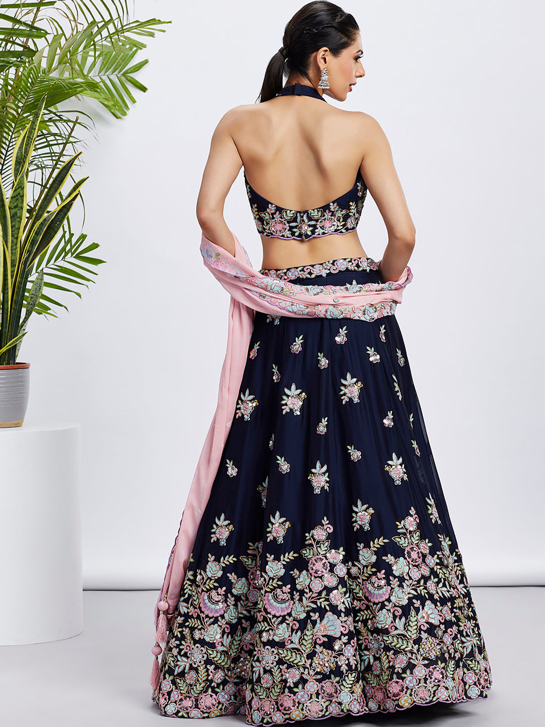 Navy Blue Georgette Sequins Thread Embroidery Lehenga Choli &amp; Dupatta