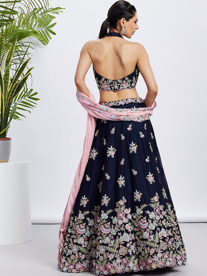 Navy Blue Georgette Sequins Thread Embroidery Lehenga Choli &amp; Dupatta
