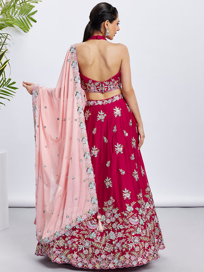 Rose Georgette Sequins and Thread Embroidery Lehenga Choli &amp; Dupatta