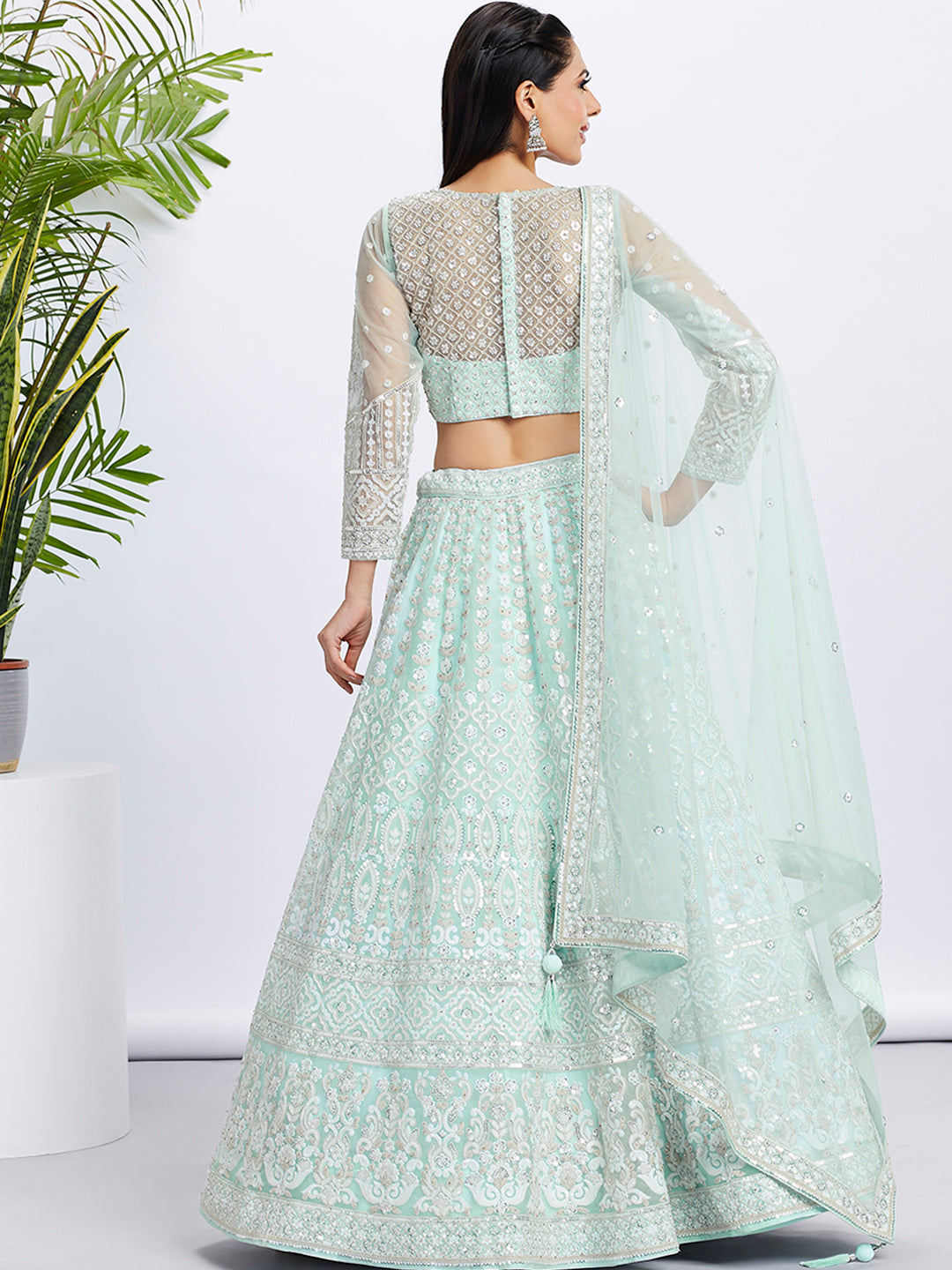 Turquoise blue Net Sequins and Thread Embroidery Lehenga Choli &amp; Dupatta