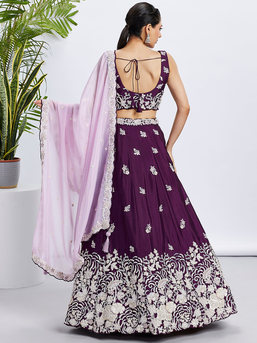 Purple Georgette Sequins Thread Embroidery Lehenga Choli &amp; Dupatta