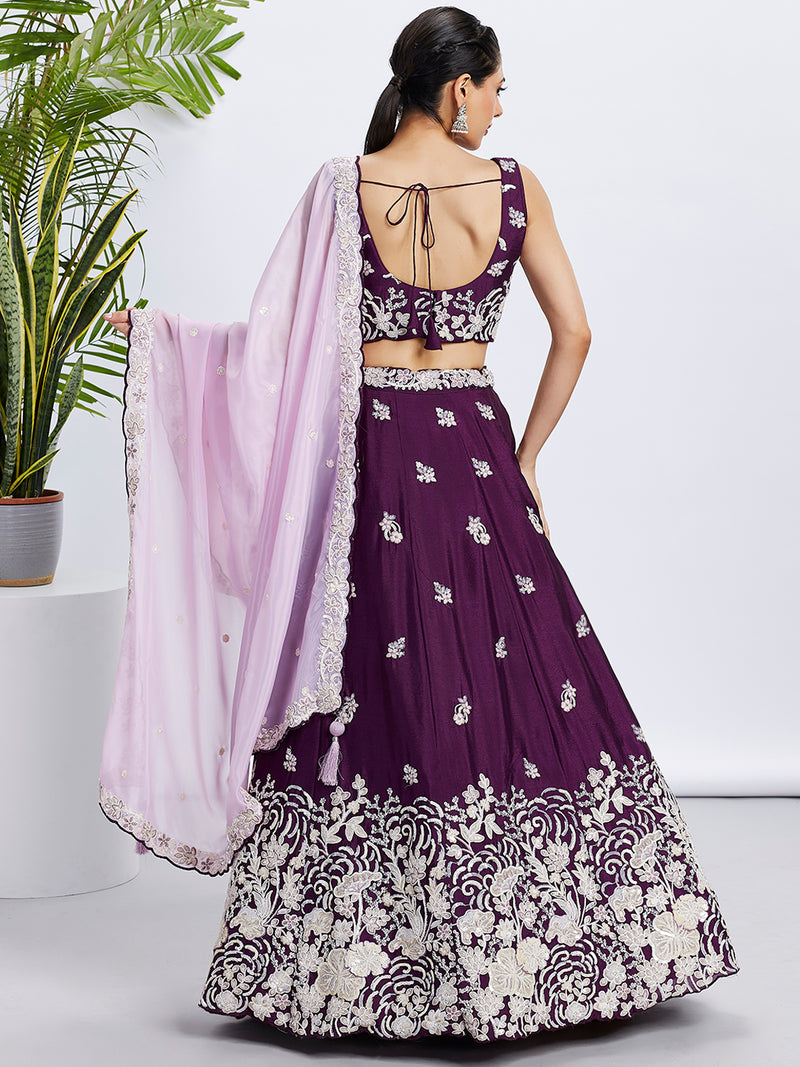 Purple Georgette Sequins Thread Embroidery Lehenga Choli & Dupatta