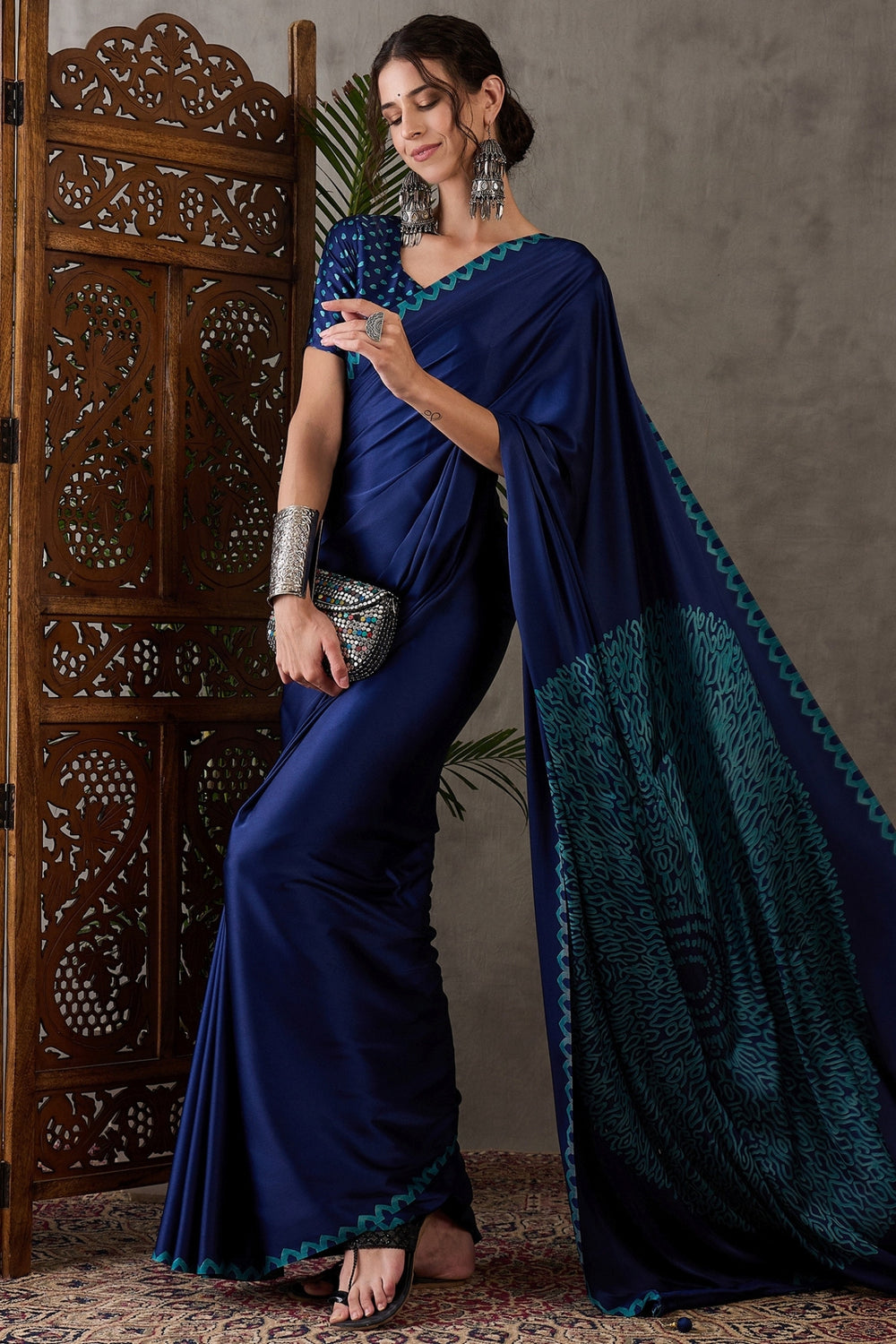 Blue Pure Gaji Silk Satin Printed Saree