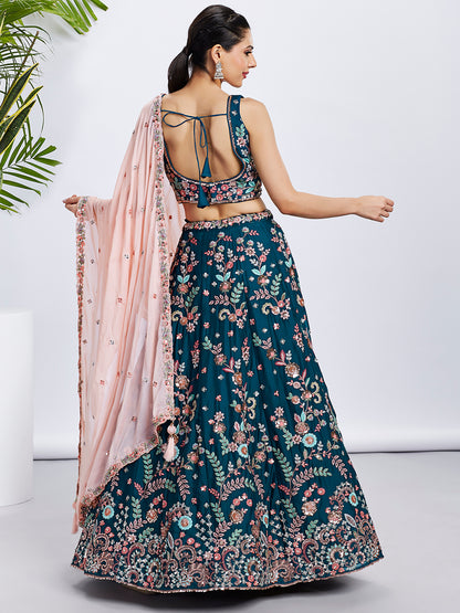 Teal Pure Georgette Sequins and Thread Embroidery Lehenga choli &amp; Dupatta