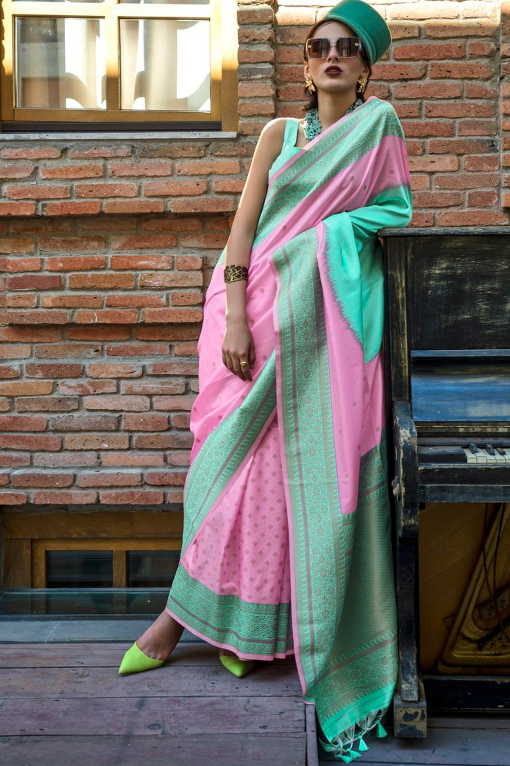 Pink and Green Pure Soft Banarasi Handloom Banarasi Saree ##color## Patola Saree with premium fabric and embroidery