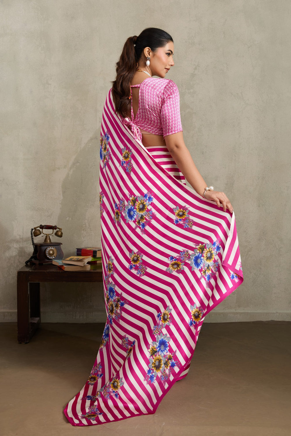 Neon Pink Pure Soft Modal Satin Ajrakh Print Satin Saree Japan Satin Saree Anant Tex Exports Pvt.Ltd..