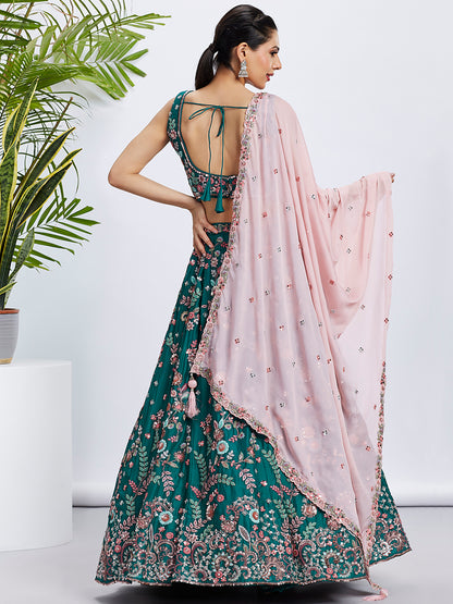 Green Georgette Sequins and Thread Embroidery Lehenga Choli &amp; Dupatta