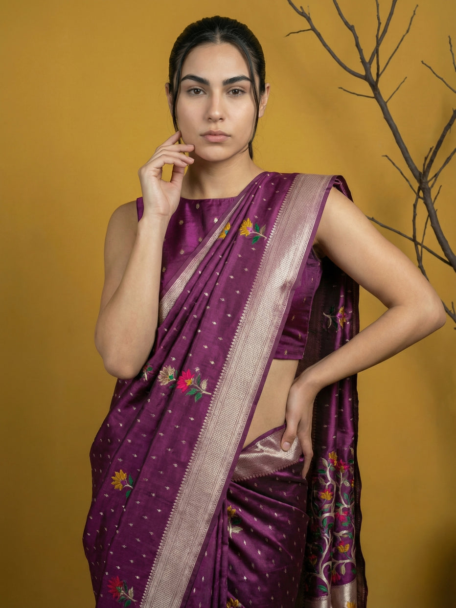 Purple Pure Organza Silk Meenakari Jamdani Zari Woven Organza Saree