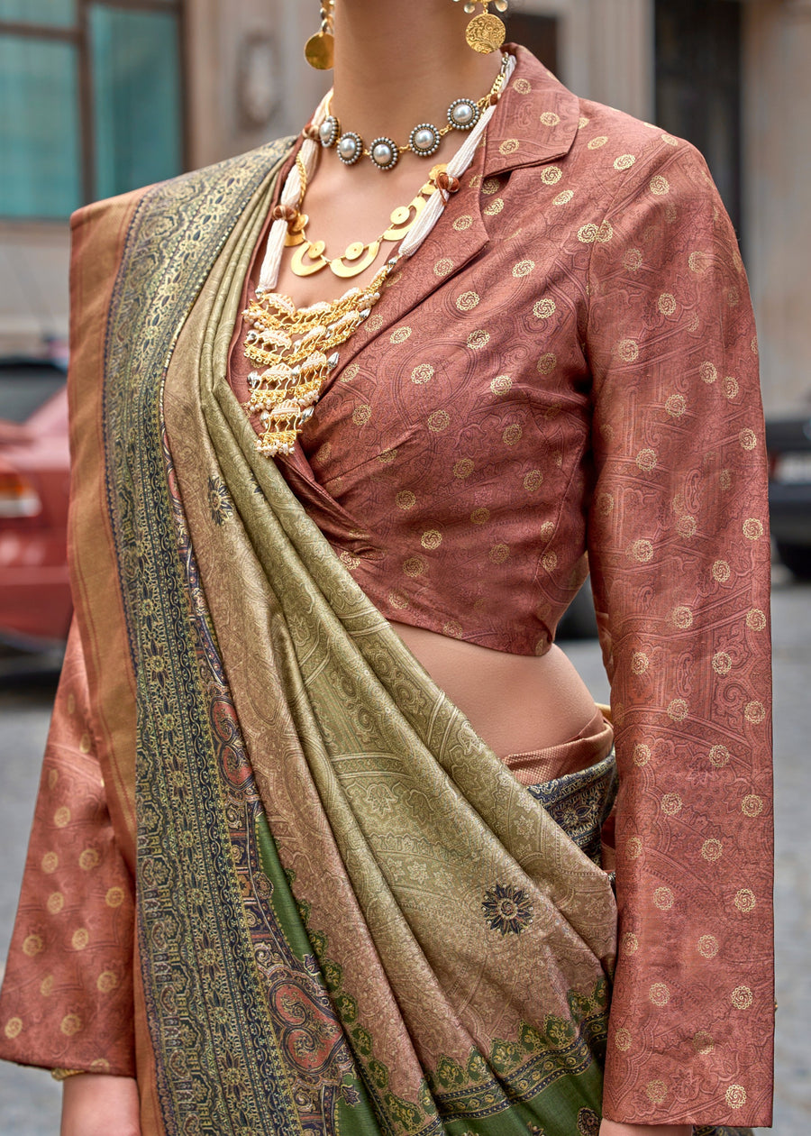 Olive Pure Viscose Silk Blend Foil Print Saree