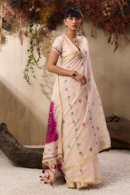 Cream Pure Soft Handloom Muga Cotton Saree 
