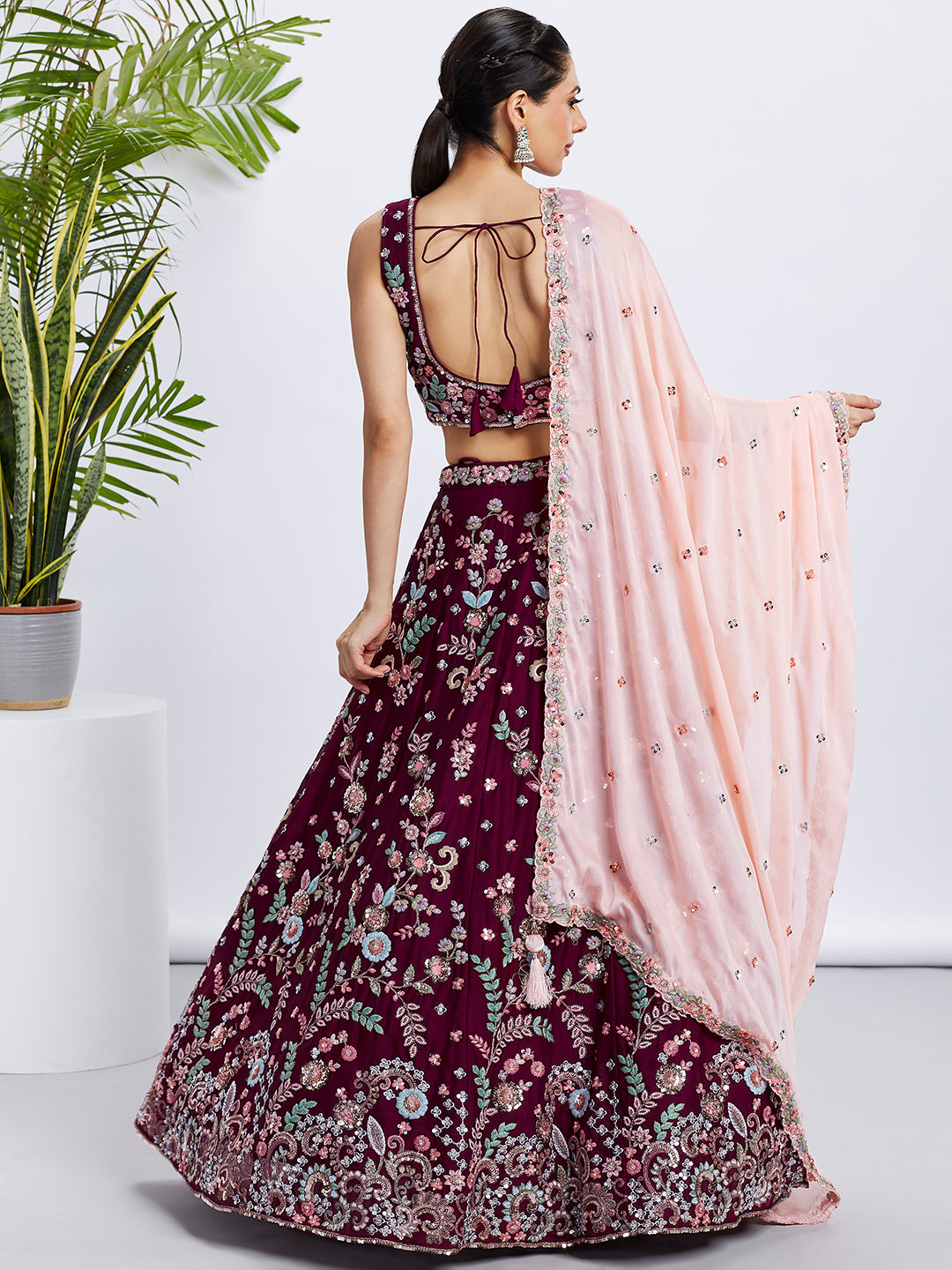 Burgundy Georgette Sequins and Thread Embroidery Lehenga Choli &amp; Dupatta