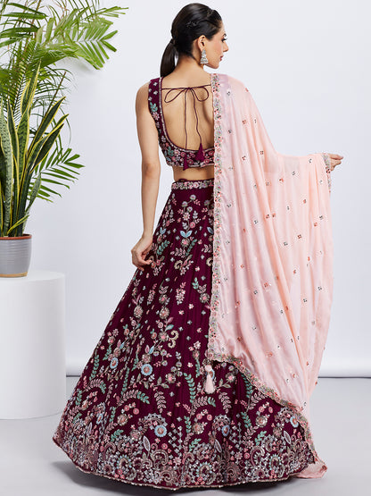 Burgundy Georgette Sequins and Thread Embroidery Lehenga Choli &amp; Dupatta