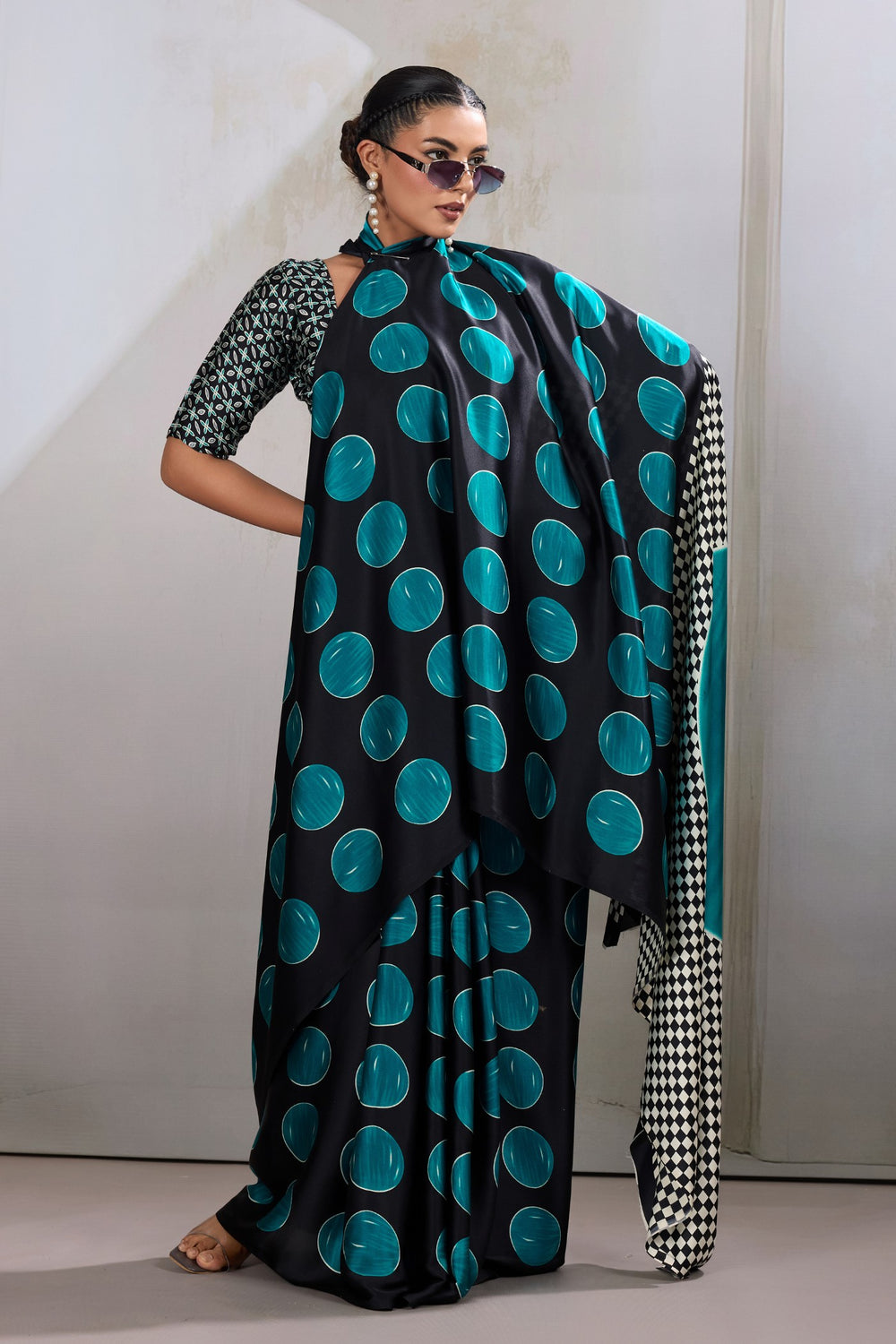 Havelock Blue Printed Polka Dots Satin Crepe Saree 