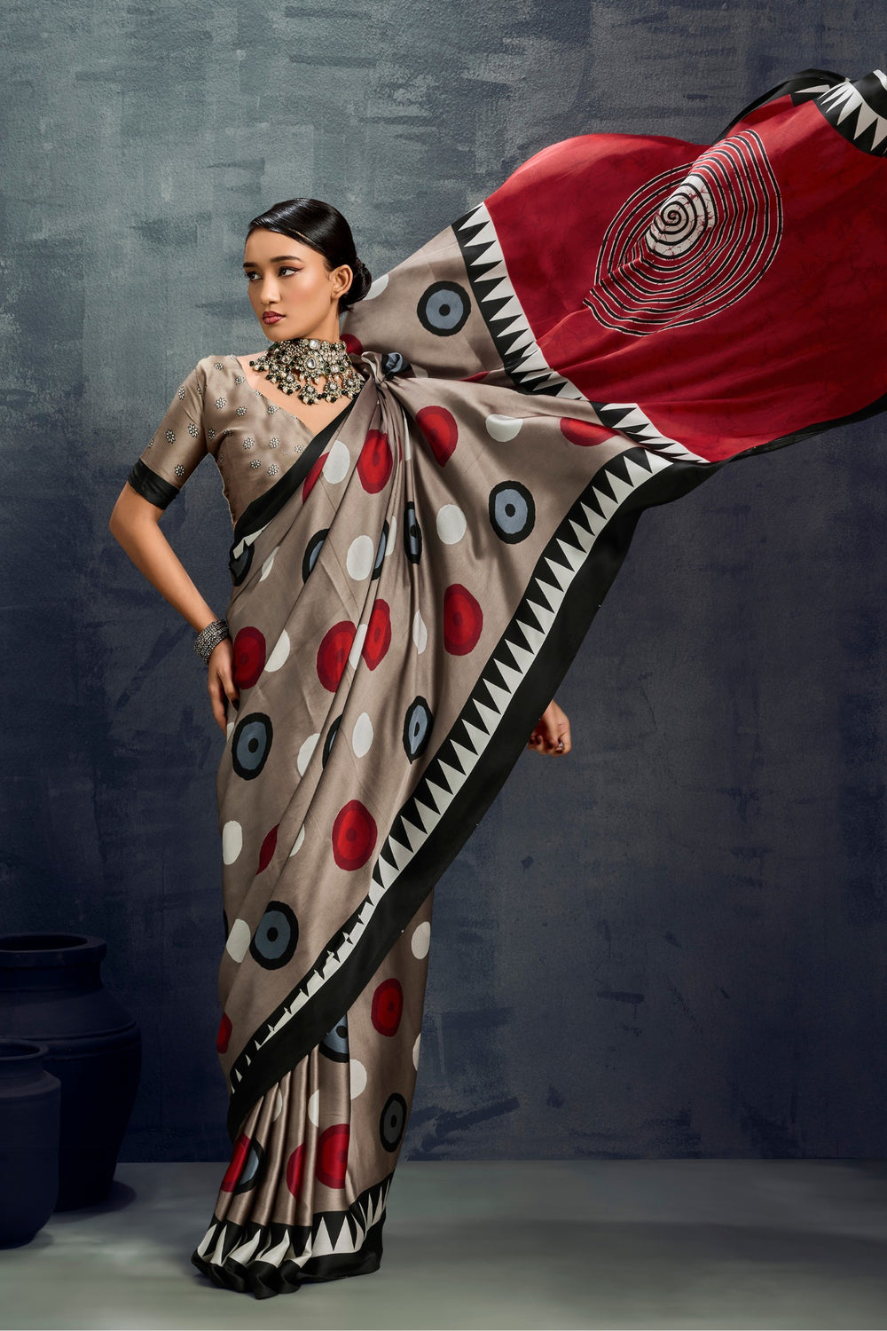 Grey Ajrakh Printed Satin Crepe Silk Saree ##color## Japan Satin Saree with premium fabric and embroidery