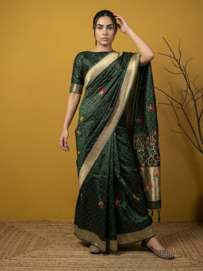 Green Pure Organza Silk Meenakari Jamdani Zari Woven Organza Saree
