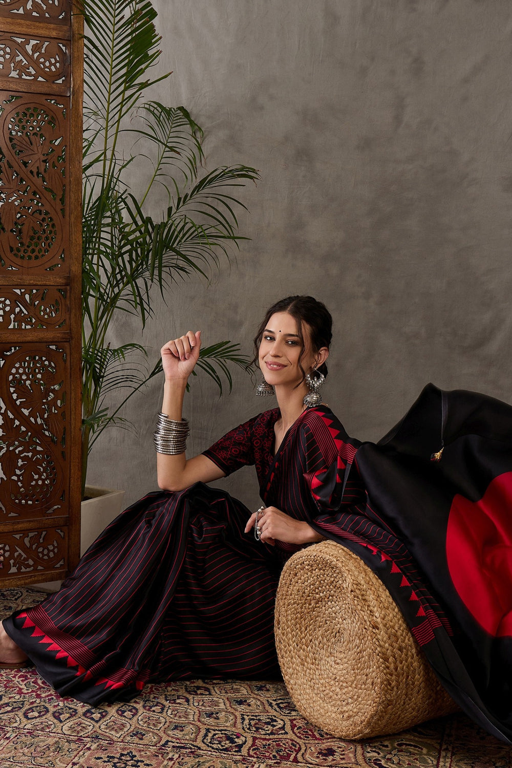 Black and Red Printed Satin Gaji Silk Saree 