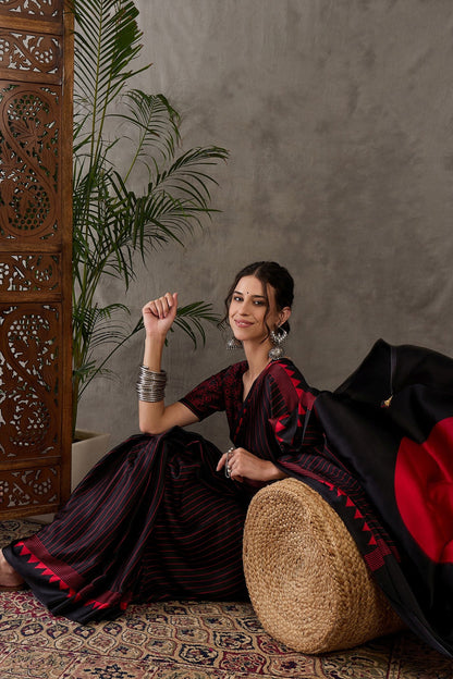 Black and Red Printed Satin Gaji Silk Saree 