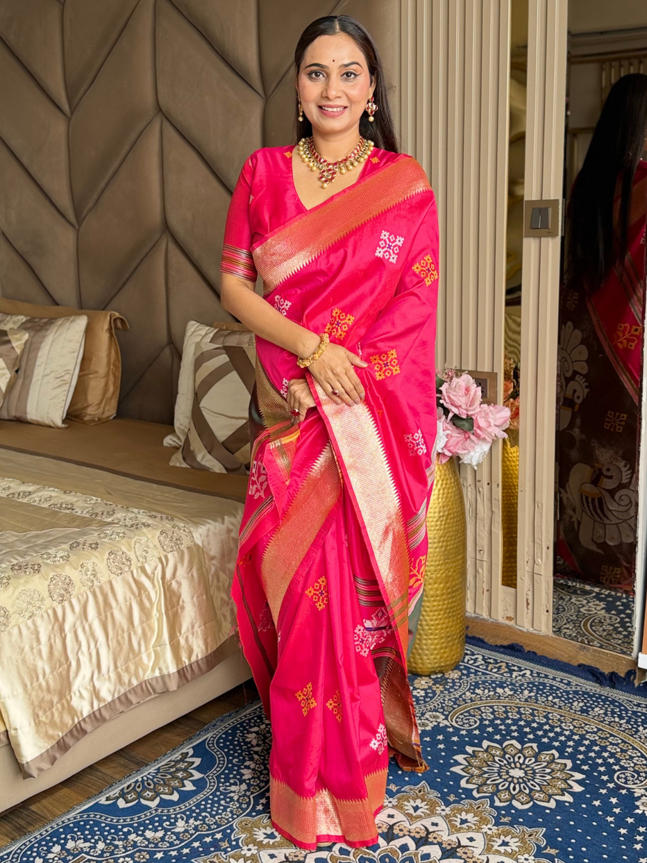 Magenta Soft Silk Ikkat Zari Patola Soft Silk Saree ##color## Patola Saree with premium fabric and embroidery