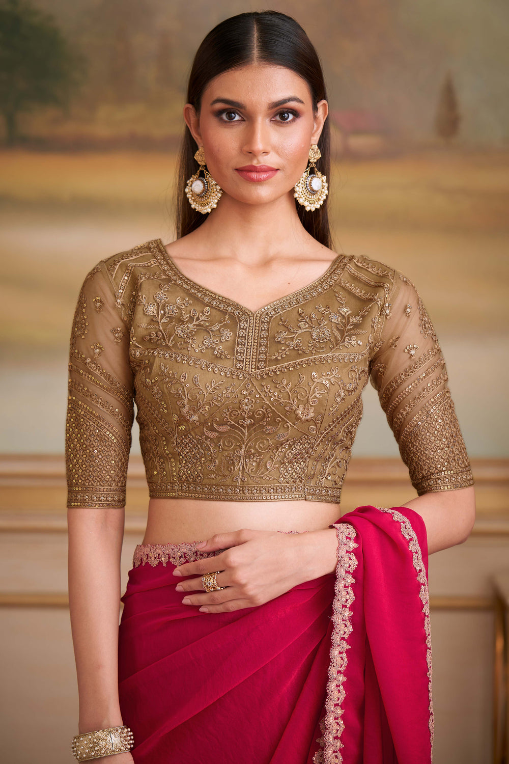 Cherry Red Pure Georgette Silk With Floral Sequins Saree 