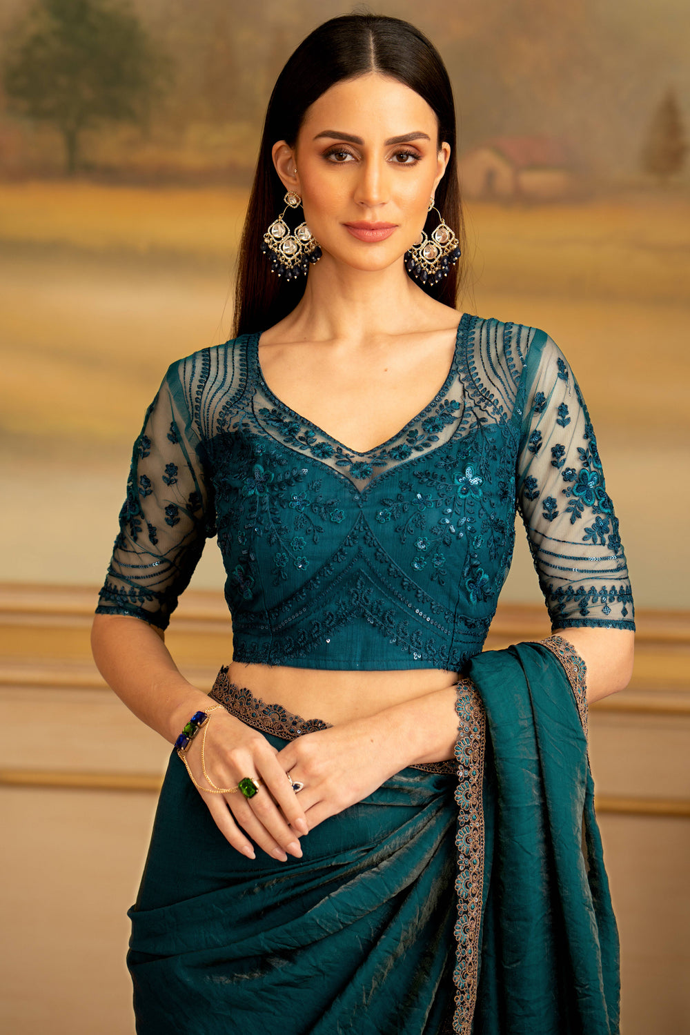 Dark Teal Pure Georgette Silk With Floral Sequins Saree