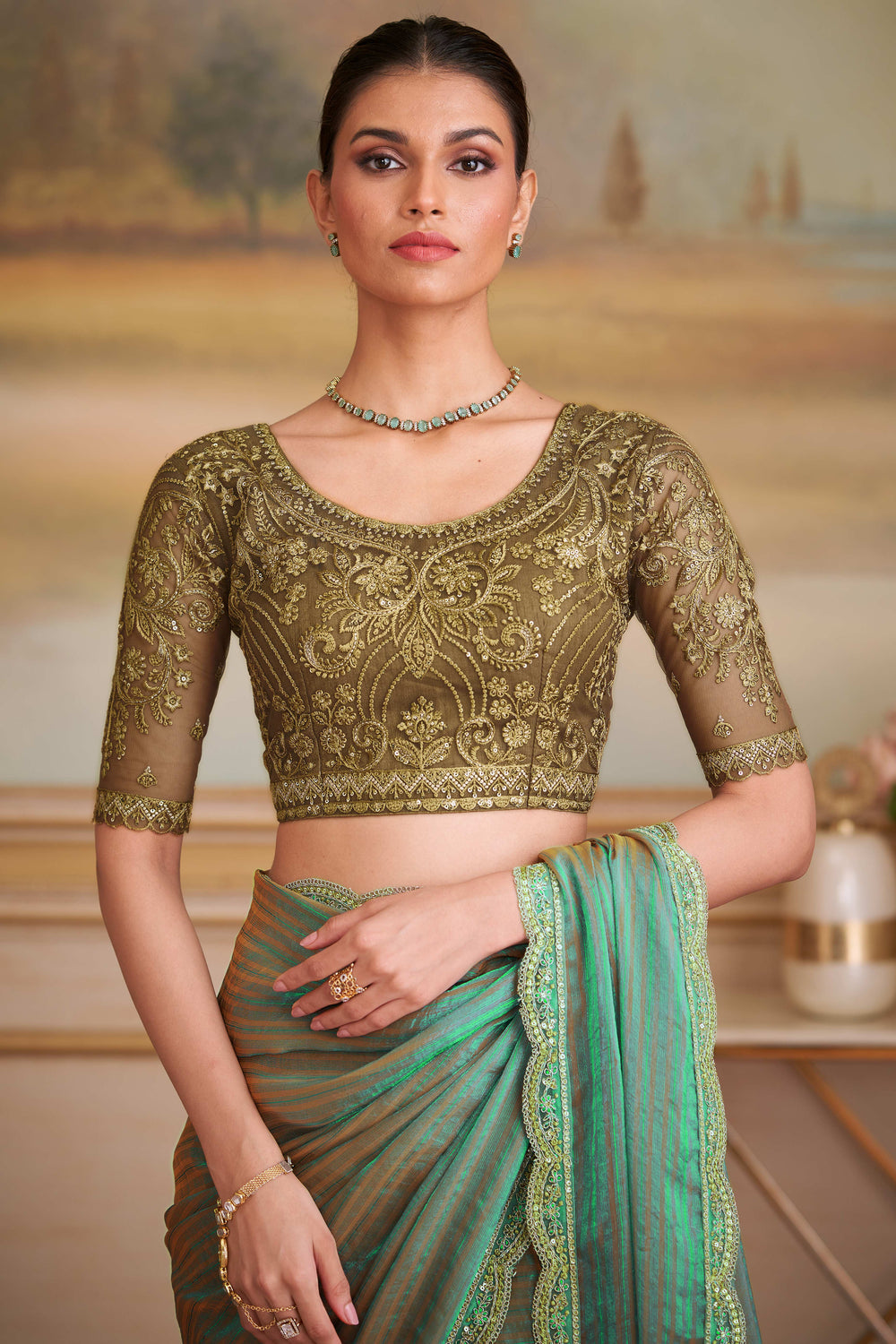 Charming Turquoise Pure Georgette Silk With Floral Sequins Saree 