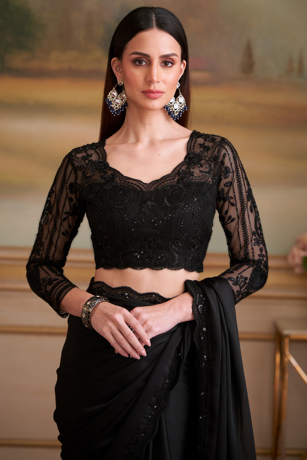 Black Pure Georgette Silk With Floral Sequins Saree 