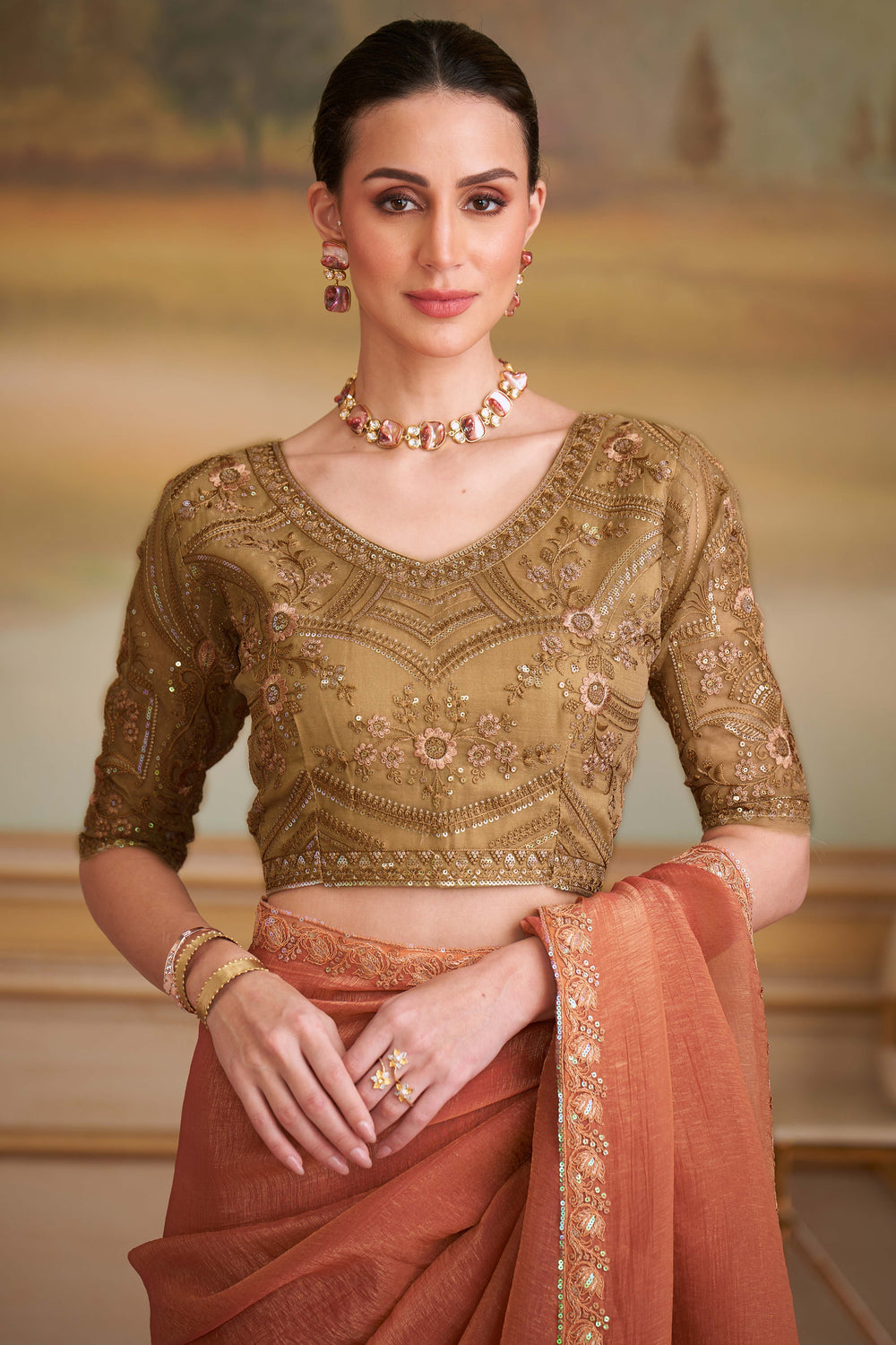 Orange Pure Georgette Silk With Floral Sequins Saree 