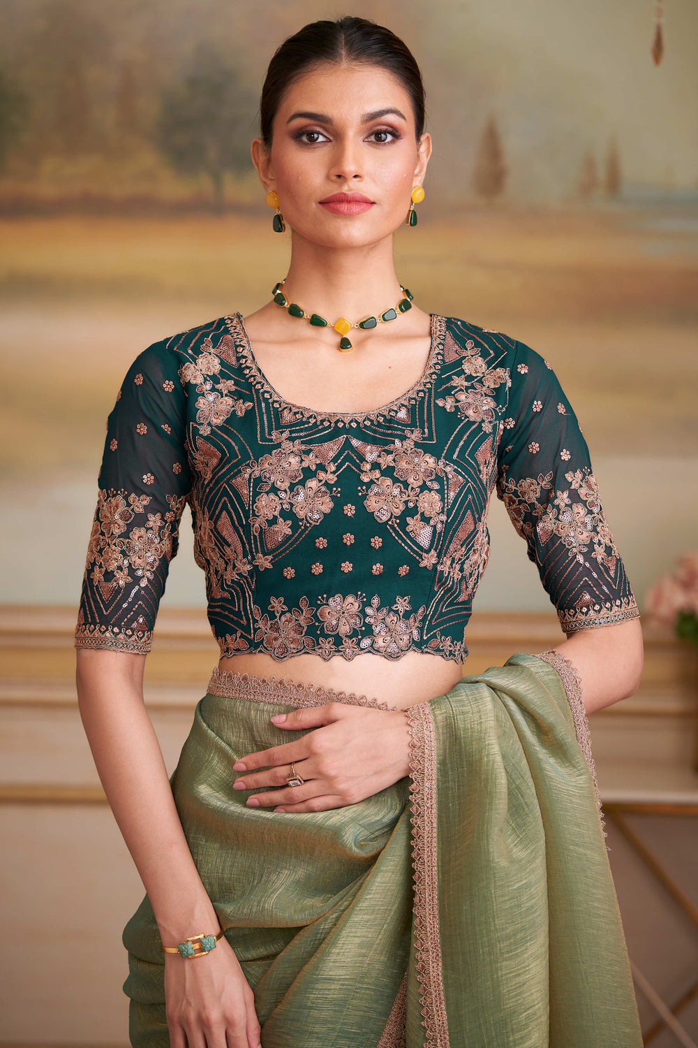 Pista Green Pure Georgette Silk With Floral Sequins Saree 