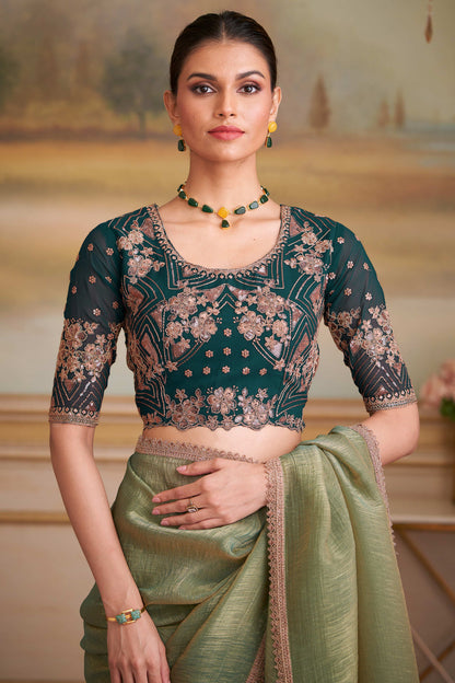 Pista Green Pure Georgette Silk With Floral Sequins Saree 