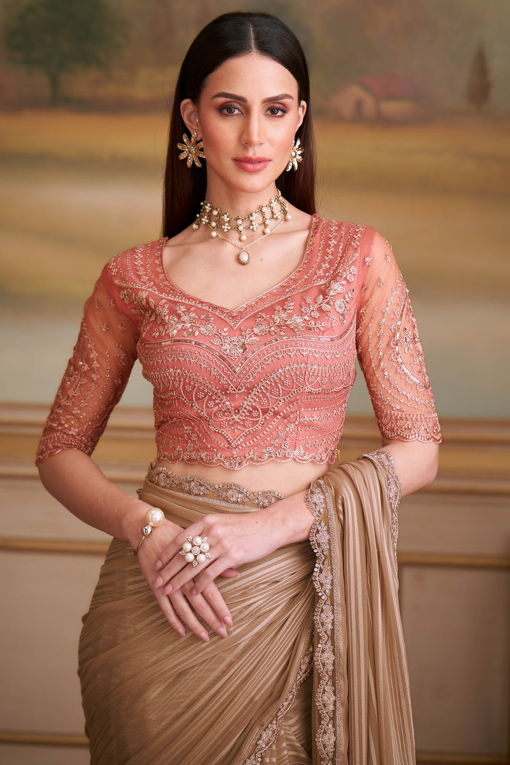 Chikoo Pure Georgette Silk With Floral Sequins Saree 