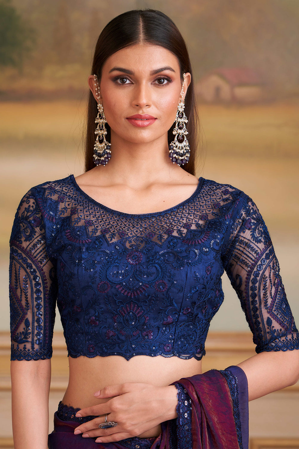 Wine Pure Georgette Silk With Floral Sequins Saree 